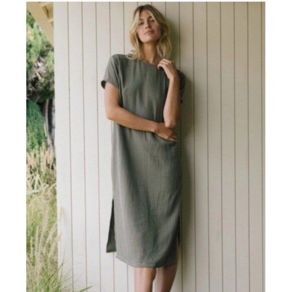 Jenni Kayne Cypress Olive Green Cotton Gauze V-Neck Midi Dress 566-5807-C21